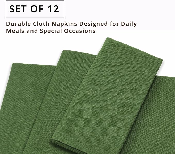 PurpleEssences Set of 12 Cloth Dinner Napkins 100% Cotton 18x18 Inch - Soft Durable Washable - Ideal for Farmhouse Party Spring Easter Summer - Perfect Everyday Use Table Linen - Sage Green