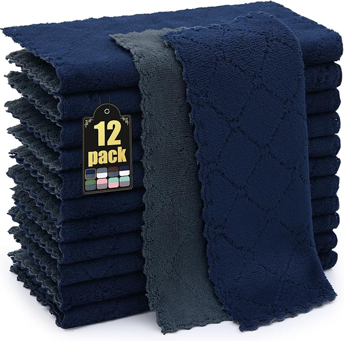Mordimy 12 Pack Kitchen Cloths Dish Towels (10" x 10", Dark Grey & Navy Blue), Super Soft and Absorbent Dish Cloths, Coral Velvet Microfiber Cleaning Cloth, Nonstick Oil Fast Dry Dishcloths