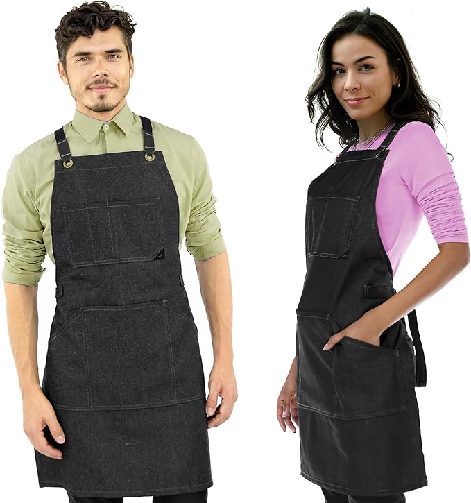 Under NY Sky Essential Black Denim Apron – Cross-Back with Leather Reinforcement – Adjustable for Men and Women – Pro Chef, Tattoo Artist, Baker, Barista, Bartender, Server Aprons