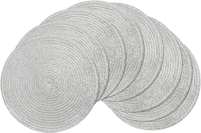 SHACOS Christmas Glitter Silver Placemats Set of 8 Sparkle Bling 15 inch Round Braided Table Mats Washable Place Mats for Dining Table Home Table Decor (Silver, 8)
