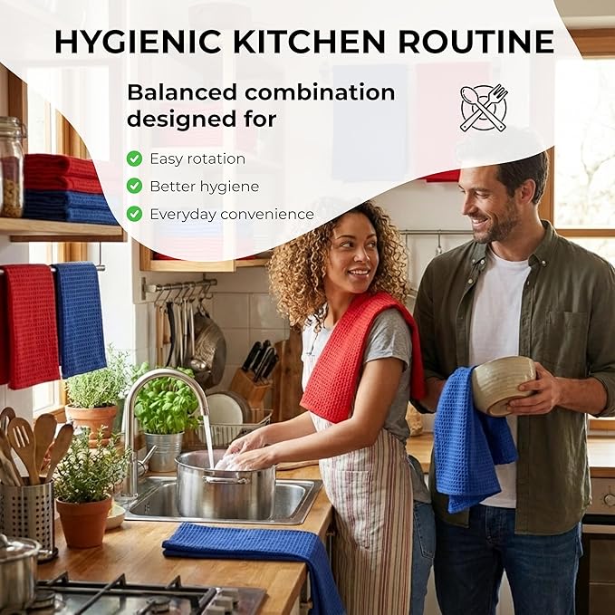 Highly Absorbent Cotton Dish Towels for Drying - Set of 3+3 - Royal Blue + Red Kitchen Towels - 18"X28" Lint Free Waffle Weave Cloth Linen Hand Bathroom Bulk Dishtowels