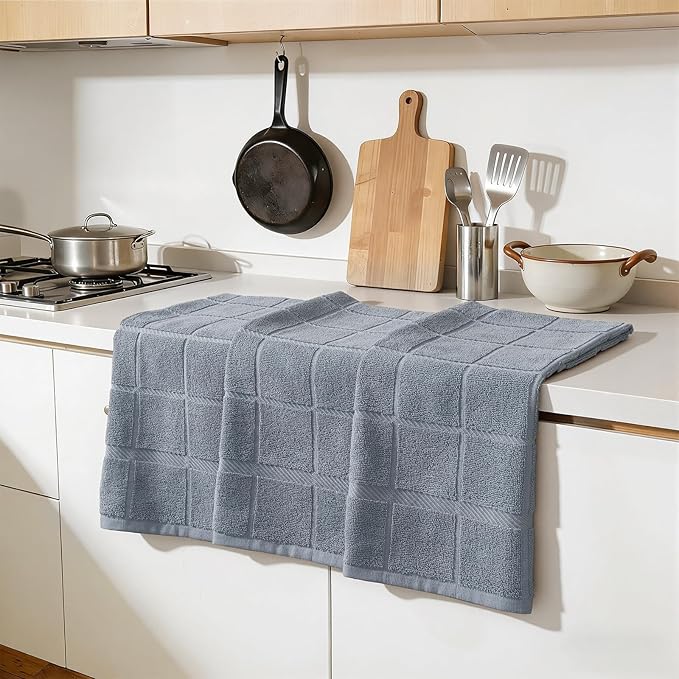 Homaxy Premium Kitchen Towels 18"x28", 4 Pack Large Cotton 380 GSM Dish Towels, Soft and Absorbent Kitchen Hand Towels with Terry Grid Design, Utility Tea Towel Set with Hanging Loop, Grey