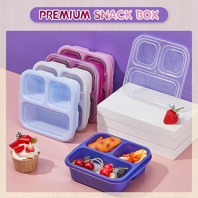Honeydak 5 Pack Snack Containers 3 Compartment Bento Snack Boxes Divided Meal Prep Containers with Lids Reusable Adults Lunch Food Storage Box for School Work Travel(Elderberry)