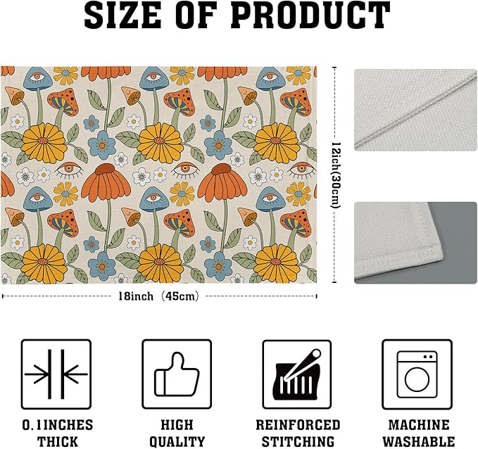 Retro Boho Floral Placemats Set of 6 70s Vintage Cute Abstract Mushrooms Fun Linen Washable Kitchen Dining Table Mats Stain Heat-Resistant Desktop Decor Place Mats for Home Party Dinner 12x18 in…