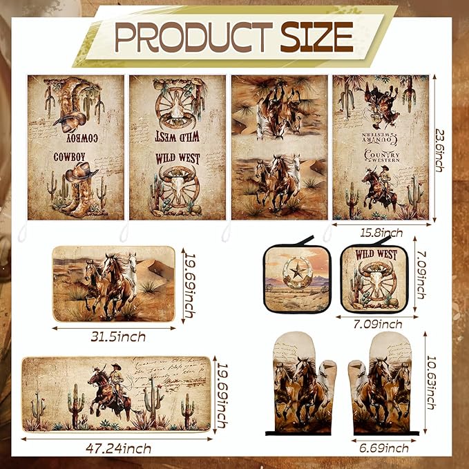 Fourluoo 10 Pcs Western Cowboy Kitchen Decor Oven Mitts and Pot Holders Set Western Cowboy Kitchen Accessories Vintage Dish Towels Farmhouse Rugs and Mats for Home Cooking Baking Housewarming Gifts