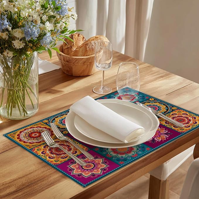HOMETITUTE Placemats Set of 4 Linen 12x18 Inch Washable Table Mats Mandala Bohemian Style Christmas Place Mats Colorful Placemats Decorative Farmhouse Kitchen Dining Table Set