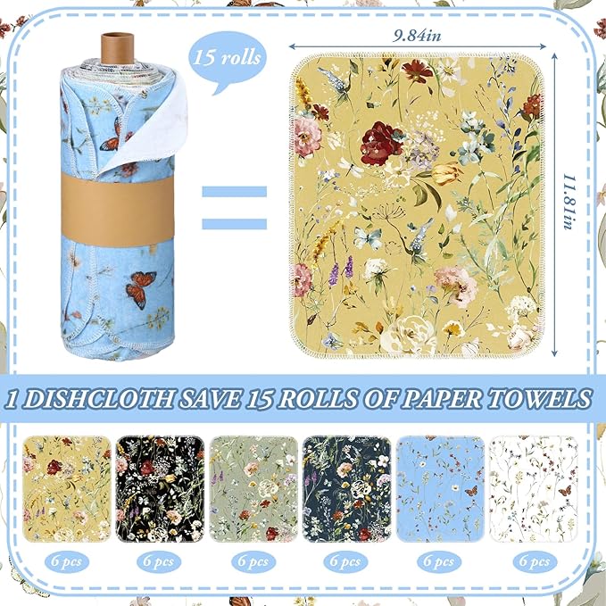 36 Pack Reusable Cleaning Cloths Washable Cotton Kitchen Dish Towels for Home Party Supplies Bulk, 9.84x11.81in (Rich Flowers)