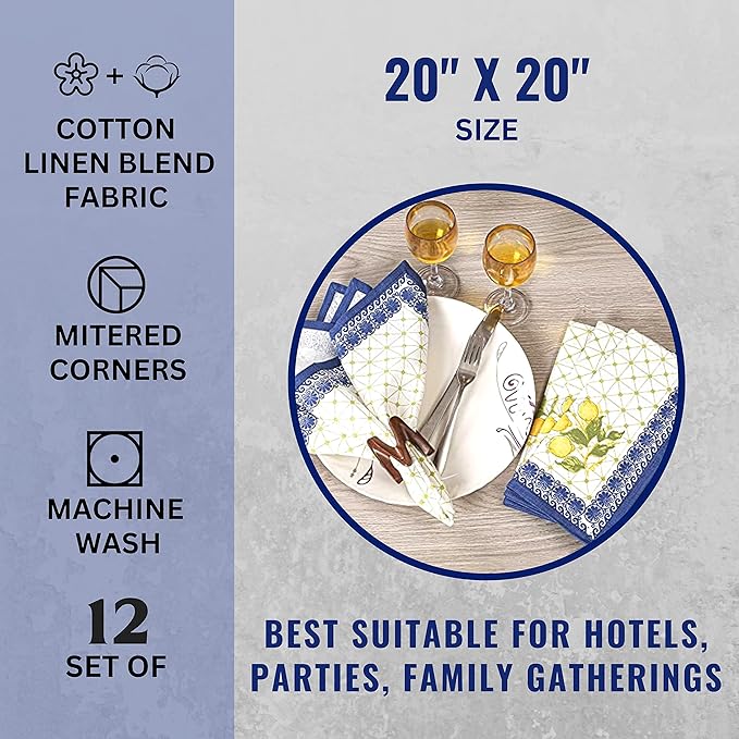 FINGERCRAFT Cloth Napkins, Set of 4 Cotton Linen Blend Printed Dinner Napkins Cloth Mitered Corner Perfect for Parties Dinners Weddings Cocktail Christmas Easter 20x20 Lemon Leaf