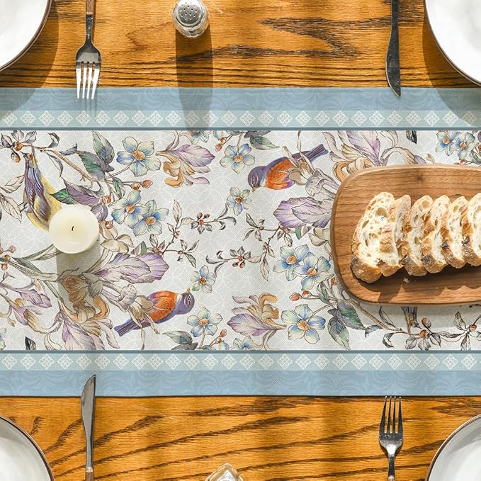 Artoid Mode Blue Birds Flowers Blossom Table Runner, Seasonal Spring Floral Kitchen Dining Table Decoration for Home Party Decor 13x60 Inch