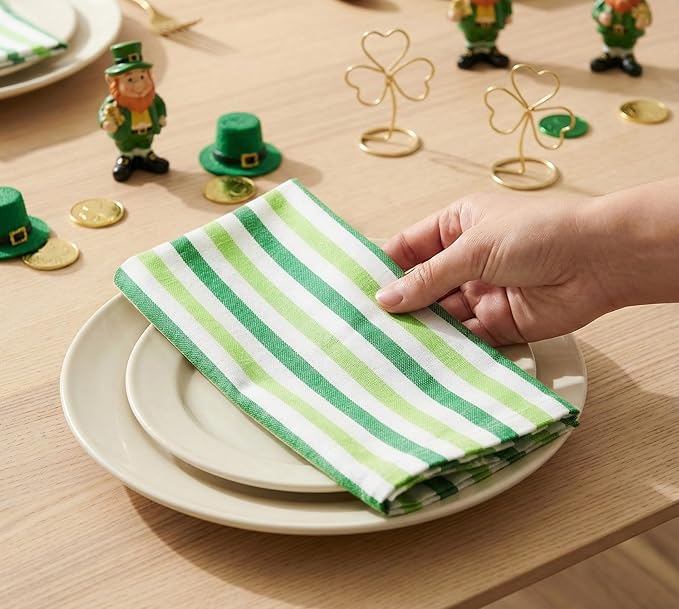 PurpleEssences Plain Striped Cloth Napkins - Set of 12-100% Cotton - 18 x 18 Inch -St Patricks Day and Perfect Everyday Use Dinner Napkin - St Patricks Green
