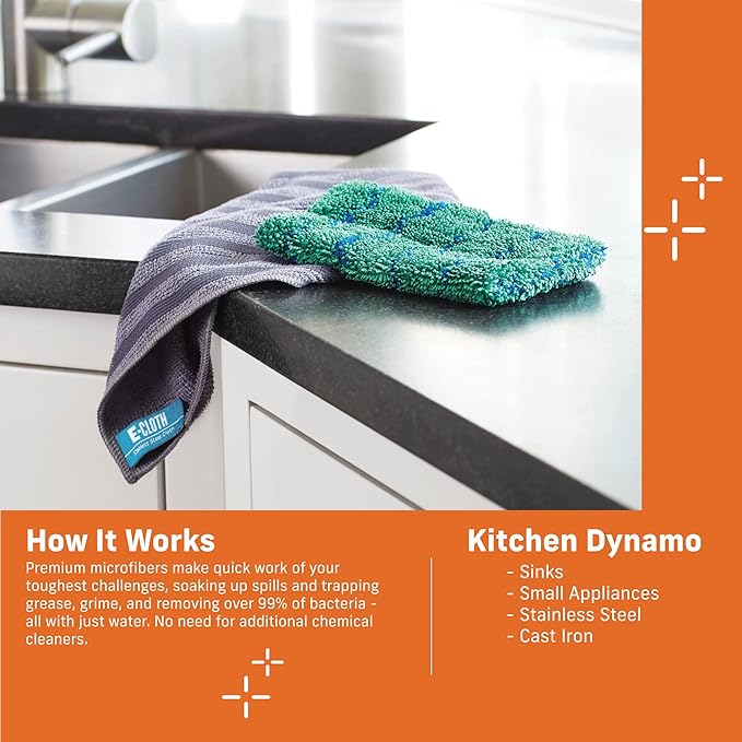 E-Cloth Kitchen Dynamo, Premium Microfiber Non-Scratch Kitchen Dish Scrubber Sponge, Ideal for Dish, Sink and Countertop Cleaning, 100 Wash Guarantee, Green, 2 Pack