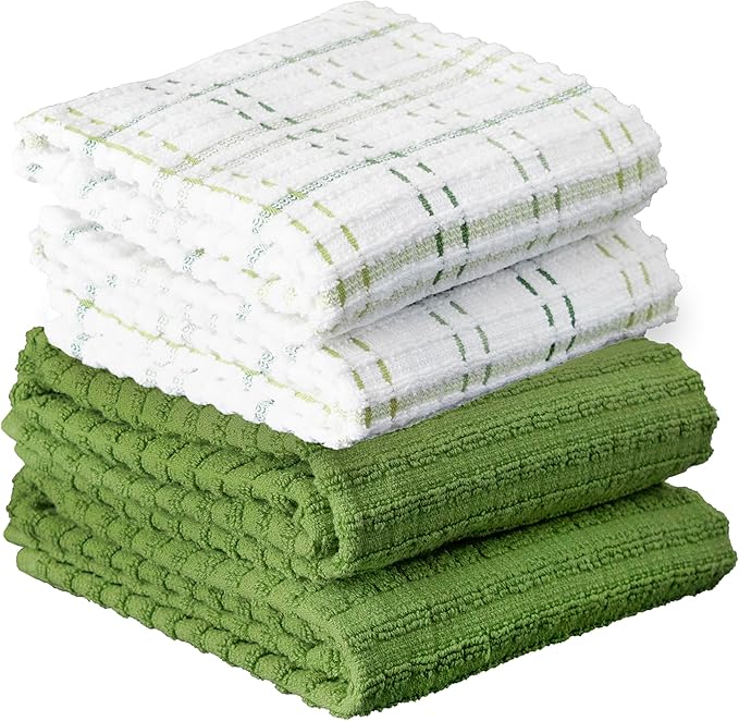 Ritz Royale Collection 100% Combed Terry Cotton, Highly Absorbent, Kitchen Towel Set, 13-3/4" x 12", 4-Pack, Solid & Checked, Cactus