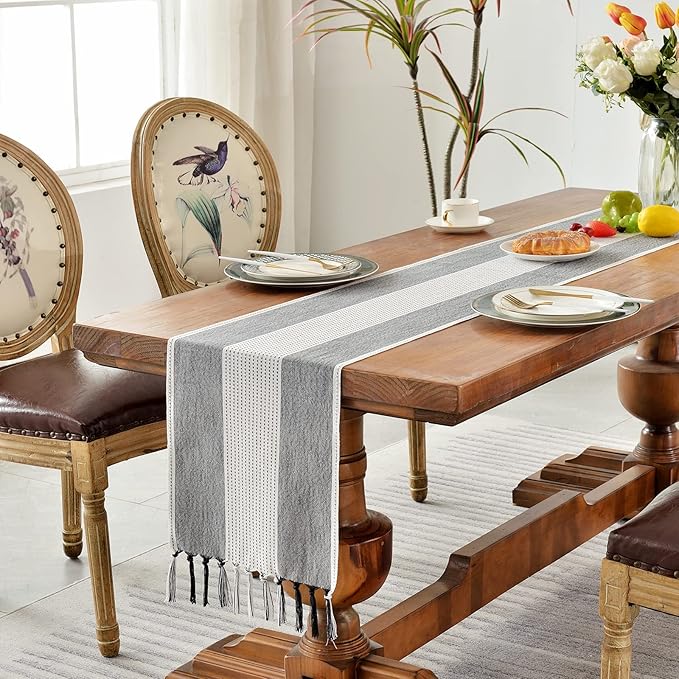 Wracra Linen Table Runner, Farmhouse Macrame Table Runners 108 Inches Long for Dining Table Decor, Wedding, Party and Dresser Decor (Black,108")