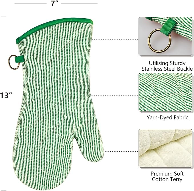 1 Pair Yarn Dyed Oven Mitts 100% Cotton Heat Resistant 470 Degree Gloves Men Women Cooking Baking Barbecue BBQ Microwave Crafting Machine Washable Pot Holders Mittens (Green)
