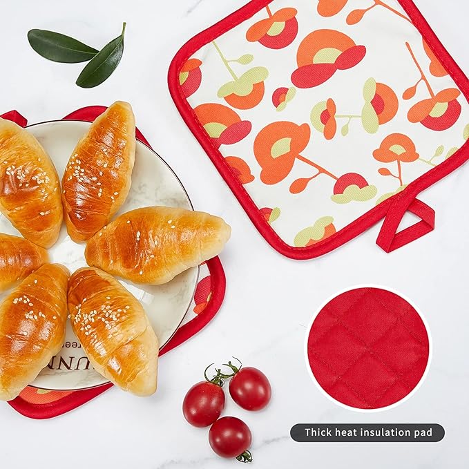 Oven Mitts and Potholders Dish Towles Set 100% Cotton for Perfect for Gifting, Baking, and Everyday Cooking Durable Heat Resistant for Kitchen and Machine Washable (3-Piece Red Flower)