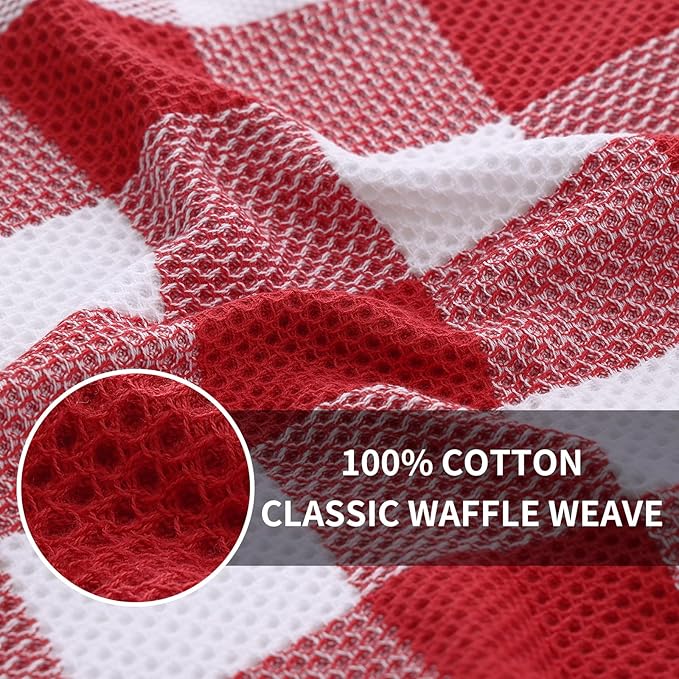 Homaxy 100% Cotton Waffle Weave Check Plaid Dish Cloths, 12 x 12 Inches, Super Soft and Absorbent Dish Towels Quick Drying Dish Rags, 6-Pack, White & Red
