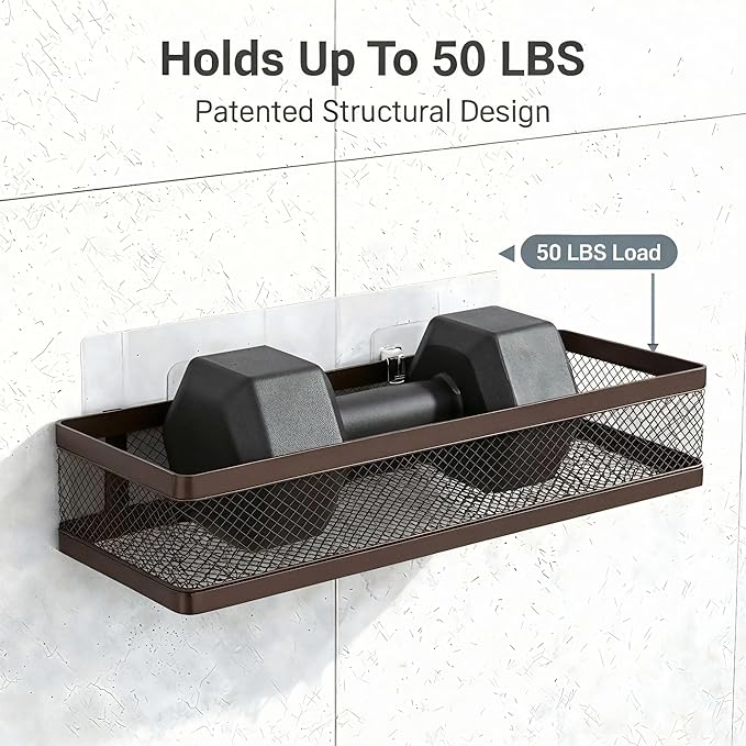 PUSDON 16.5-Inch Extra Long Slim Mesh Shower Caddy, Wall Mounted Bathroom Organizer with Adhesive, Heavy Duty Rustproof Shelf for Narrow Kitchen Pantry & RV, Holds 50 LBS Bronze -2 Packs Netting