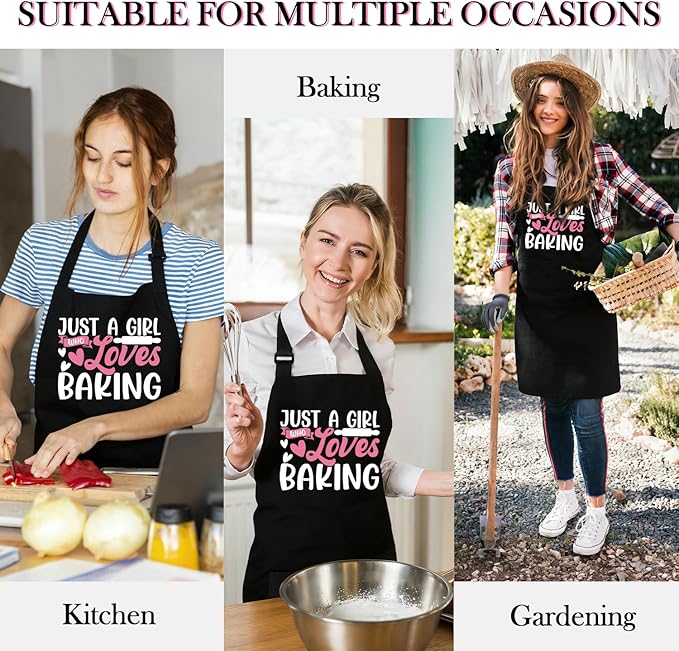 Black Baking Aprons for Women, Adjustable Cooking Baking Kitchen Aprons for Mom Chef with Pockets