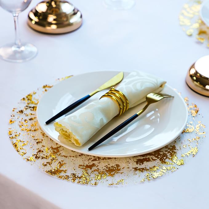 Snowkingdom Disposable Gold Placemats Set of 12 Metallic Round 13 Inch Foil Mesh Pressed Fall Table Mates 12 Pack Gold Doilies for Dining Table Wedding Birthday Party Holiday Home Decoration
