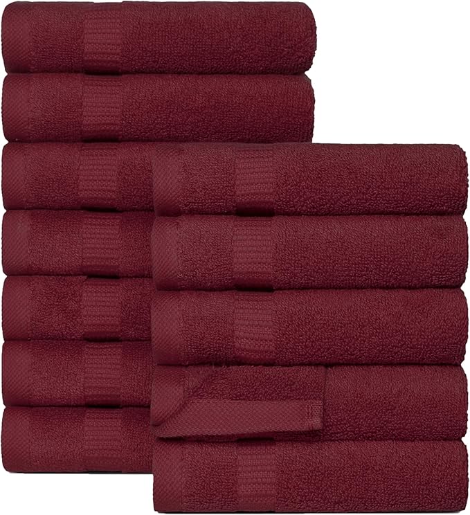 SALBAKOS 100% Turkish Cotton Washcloth Set of 12, 13x13 inch | Premium Quality | Hotel & Spa Collection | Ultra Soft, Super Absorbent, Wash Cloth Towels | Made in Turkey (Wine, 12 Washcloths)