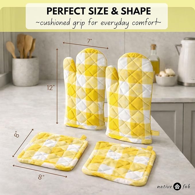Native Fab Buffalo Plaid Check Oven Mitts and Pot Holders Set of 4, 100% Cotton Heat Resistant Kitchen Gloves, 2 Oven Mitts (7x13), 2 Pot Holders (8x8) for Cooking & Baking, Lemon Yellow White