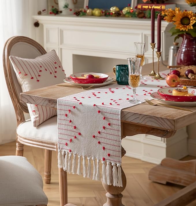 Christmas Table Runner 13 x 108 Inch Long Natural Cotton Woven Runner with Tassels for Home Dining Christmas Decorations, for Modern Farmhouse Holiday Boho Table Runner, Red and Beige