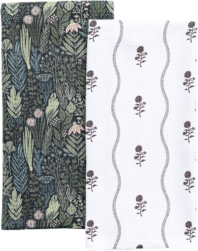 Premium Kitchen Tea Towel | Microfiber Waffle Weave | Quick Dry | Super Absorbent | Double-Sided Designer Prints | 2 Pack (Midnight Garden)