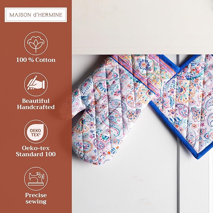 Maison d' Hermine 100% Cotton Oven Mitt & Pot Holder Set (7.5"x13" & 8"x8") Heat Resistant BBQ Cooking Gloves with Loop Baking Grilling Kitchen Gifts for Mothers Day Spring/Summer (Indian Floral)