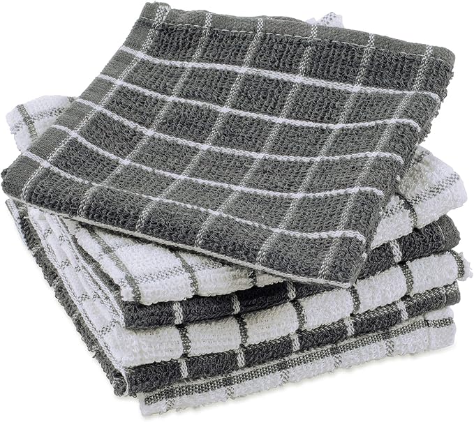 DII Basic Terry Collection Windowpane Dishcloth Set, 12x12, Gray, 6 Piece