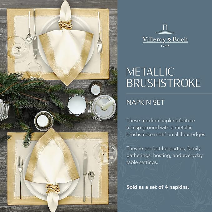 Villeroy & Boch Linen Blend Metallic Brushstroke Napkins, 21 Inches x 21 Inches, Set of 4, Ivory and Gold