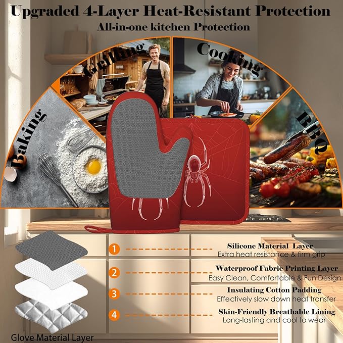 Halloween Spider Web Oven Mitts and Pot Holders Sets Silicone Heat Resistant Kitchen Oven Gloves Pot Holder for Cooking Baking Grilling BBQ