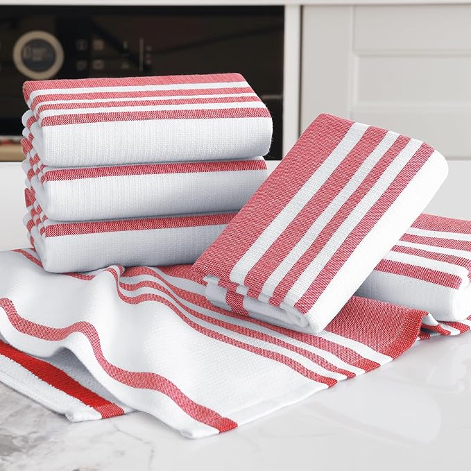 Homaxy Premium Kitchen Towels 18”x 28”, Large Cotton 380 GSM Kitchen Hand Towels, Stripe and Terry Dish Towel, Highly Absorbent Tea Towel Set with Hanging Loop, 6 Pack, Red