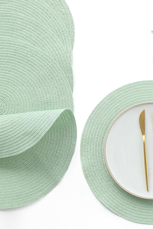 Floroom 15 Inch Round Braided Placemats Set of 4, Washable Heat Resistant Cotton Polyester Circle Place Mats for Kitchen Dining Table - Sage Green