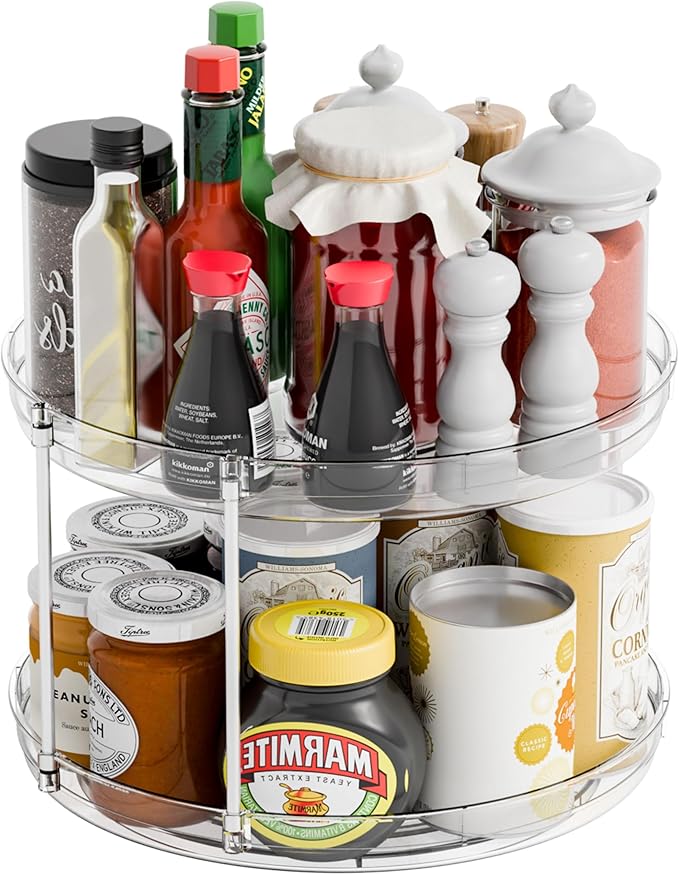 2 Tier Lazy Susan Turntable for Cabinet,Countertop,Pantry,12"W Spinning Seasoning Organizer,Double Rotating Kitchen Spice Rack Organizer and Condiments,Medicine,Vitamin Bottle Organizer Carousels,1Pc
