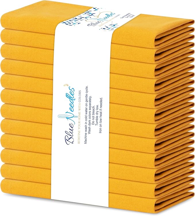 Blue Needles Solid Cloth Napkins Set of 12 Golden Yellow 100% Cotton Dinner Napkins 18x18 inches - Soft, Reusable, Absorbent & Washable Linen, Ideal for Spring Summer Easter Parties & Everyday Use
