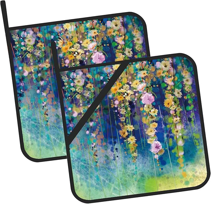 Abstract Floral Watercolor Painting Pot Holders Set of 2 Kitchen Heat Resistant Potholder for Microwave Cooking Baking Oven End Dishes and BBQ
