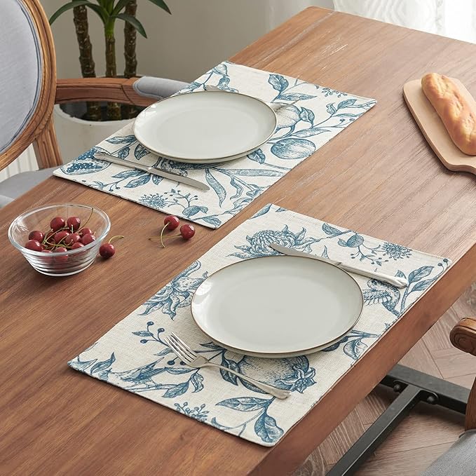 JINCHAN Linen Floral Placemats Set of Cloth Table Mats Rustic Cottagecore Botanical Outdoor Seasonal for Kitchen Dining Decor Heat Resistant Non-Slip Washable Tablemats 13x19 Inch Blue