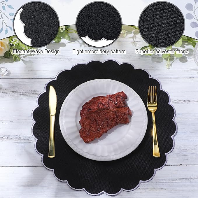 Set of 6 Round Placemats 15 Inch Cotton Scalloped Embroidery Placemat Washable Double Layered Rustic Dinner Table Mat Decor Fabric for Hotel Restaurant Kitchen(Black/White,Classic)