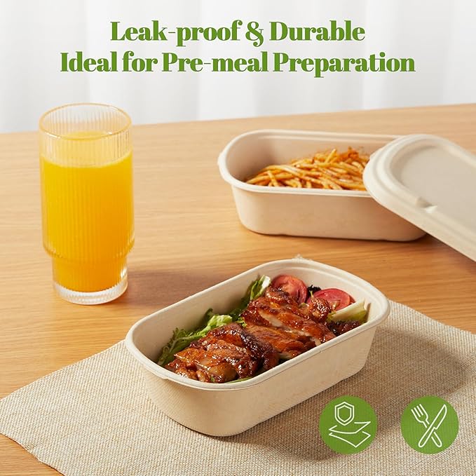 [100% Eco-Friendly] Disposable Food Containers with Lids – Sugarcane Pulp Take Out Boxes, Biodegradable, Compostable, Microwave Safe Lunch Containers – Pack of 50 (24 OZ)