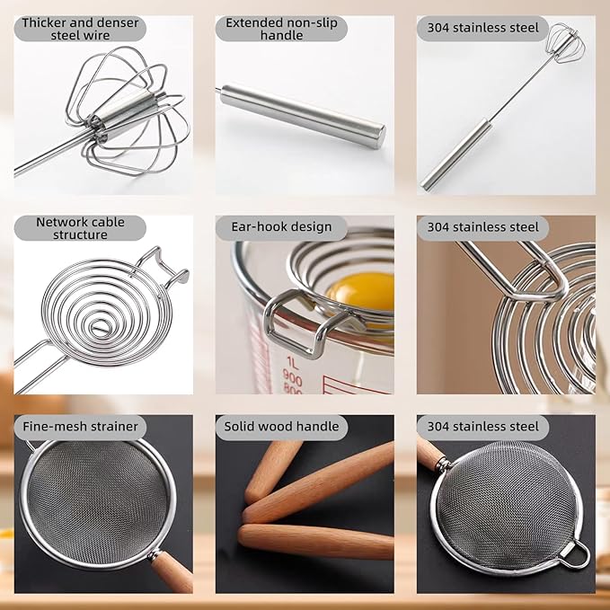 Kuars Gvni Stainless Steel Egg Whisk, Press-Type Rotating Whisk, Egg White Separator, Semi-Automatic Egg Beater, Fine Mesh Strainer, Egg Separator, 3-in-1 Kitchen Set for Baking and Cooking