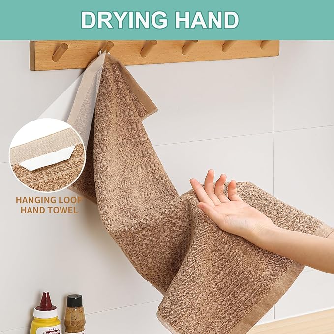 SALAS Kitchen Dish Towels, Bulk Cotton Kitchen Hand Towels, 390 GMS Plaid Dish Cloths Rags for Drying Dishes with Hanging Loop, 16‘’ x 26‘’, 3 Packs, Khaki