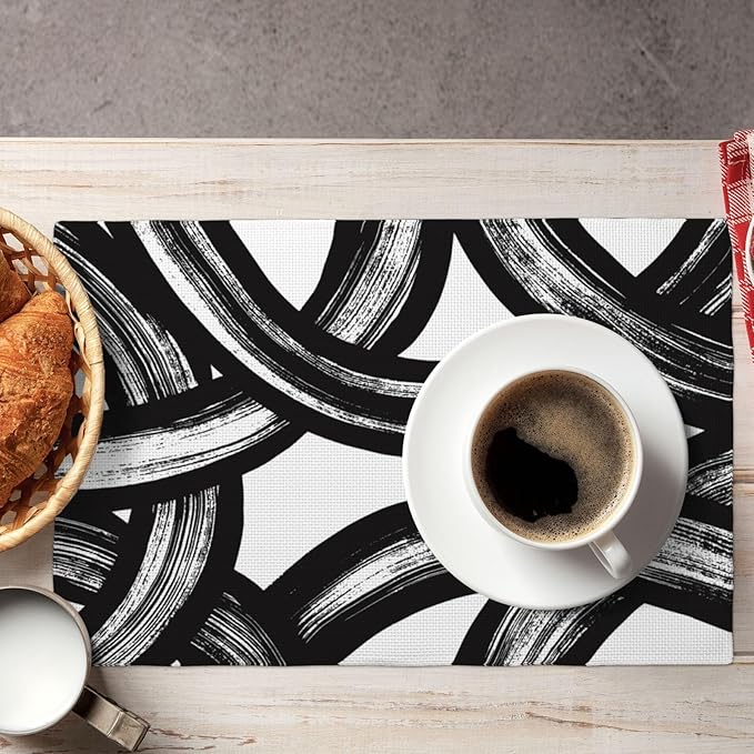Black and White Curve Patterned Linen Placemats Set of 4, Washable Non-Slip Heat-Resistant Modern Abstract Art Decorative Kitchen Table Mats for Kitchen Dining Table Home Party Farmhouse, Home Decor
