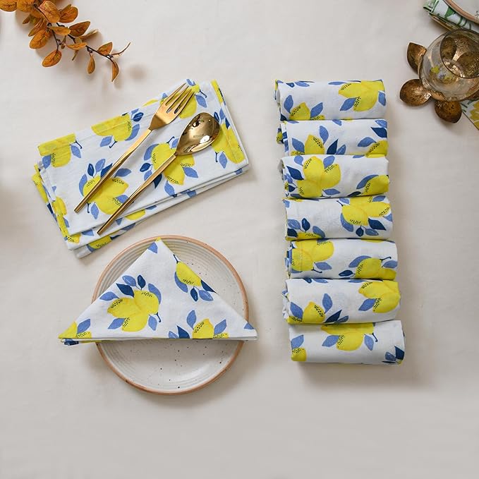 TARAN LIVING Printed Cotton Cloth Napkins Reusable Fall Dinner Napkin Set of 12 Reusable Machine Washable Fabric Best for Gift, House Party, Craft, Home Decor - Pack of 12, Lemon Print - 18x18 Inch