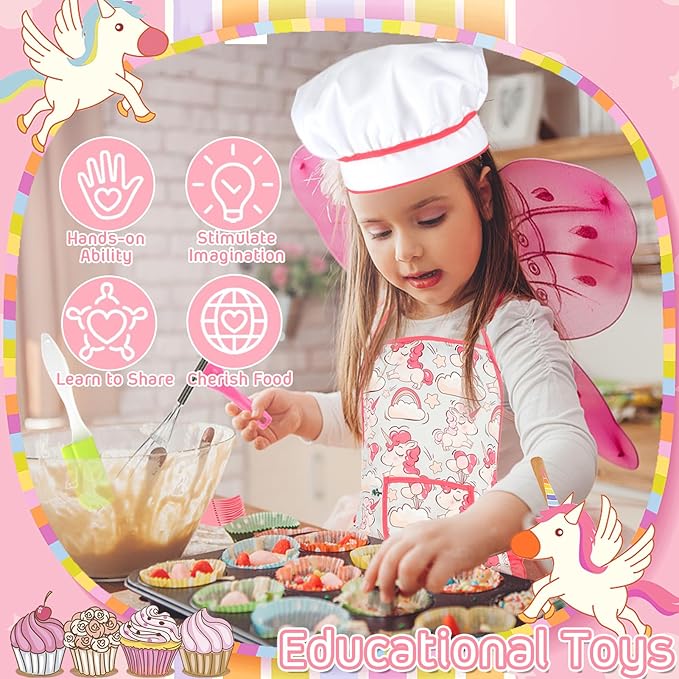KAEGREEL Kids Baking Chef Set with Unicorn Apron and Mitt, 26pcs Kid Cooking Set with Chef Hat Spoons Whisk, Chef Dress Up Role Play Gifts for Girls Boys Aged 3 4 5 6 7 8