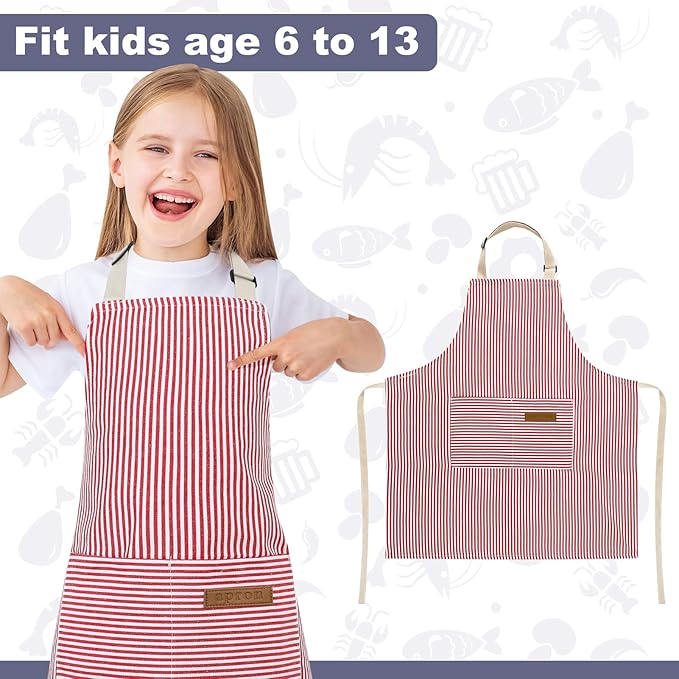 2 Pack Stripes Kids Apron, Kids Cooking Aprons with 2 Pockets, Cute Aprons for Cooking for Boys and Girls