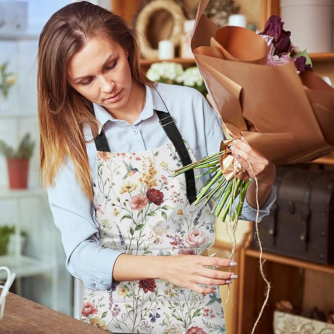 Britimes Apron Home Kitchen Cooking Baking Gardening for Women Men With Pockets Wildflower Flower Floral Boho Butterfly Hydrangea 32x28 inch