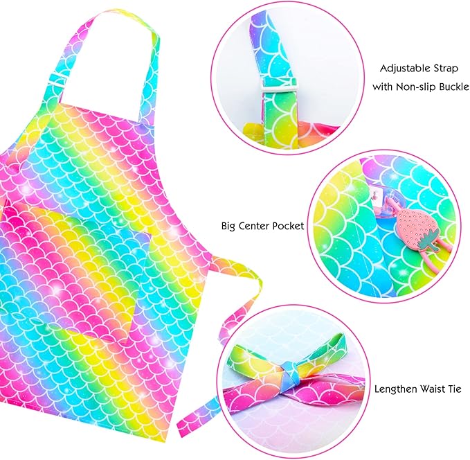PASHOP 2 Pack Kids Apron Mermaid Toddler Apron With Pockets for Kids Girls Boys Cooking Baking Painting