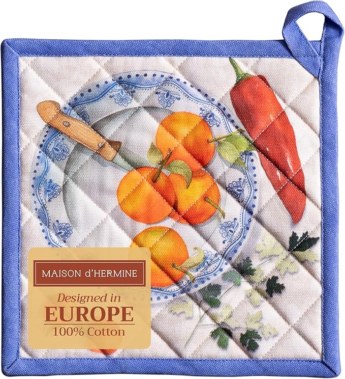 Maison d' Hermine Pot Holders 100% Cotton Heat Resistant Potholders 8" x 8" Hot Pads with Loop BBQ Cooking Baking Gifts for Mothers Day Handling Hot Pans Spring/Summer (Pack of 1, Gourmand)
