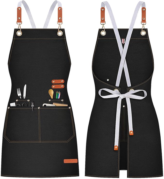 Teskyer Kitchen Cooking Apron with Pockets, Water Oil Resistant, Canvas Cross Back Aprons for Men Women Chef Server