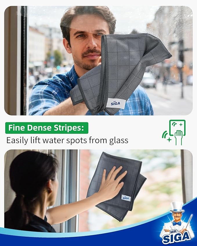 MR.SIGA Ultra Fine Microfiber Glass Cleaning Cloths, Lint Free, Streak Free Cleaning Rags, for Glass, Mirror, Window, Pack of 6, Gray, Size 34 x 39 cm (13.3" x 15.3")
